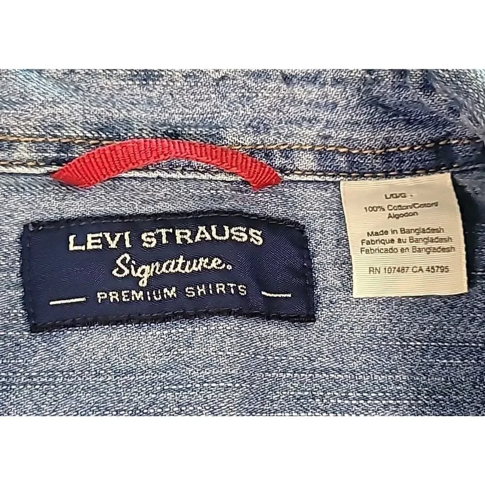 Levi Strauss Signature Shirt Mens Large Blue Denim Button Up Grunge Work